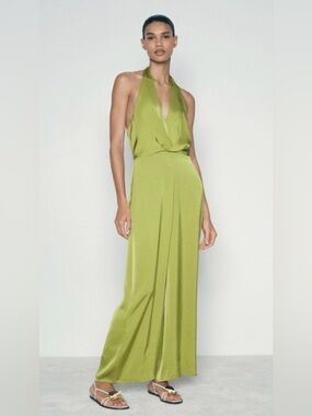 Zara Satin Halter Neck Wide Leg Jumpsuit Olive Green Size Small Blogger Favorite